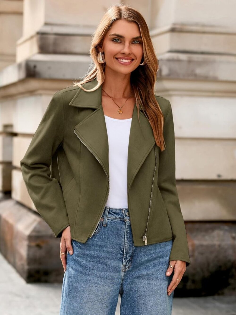 Chic Faux Suede Biker Jacket for Women | Long Sleeve Cropped Moto Coat for - Picture 3 of 6